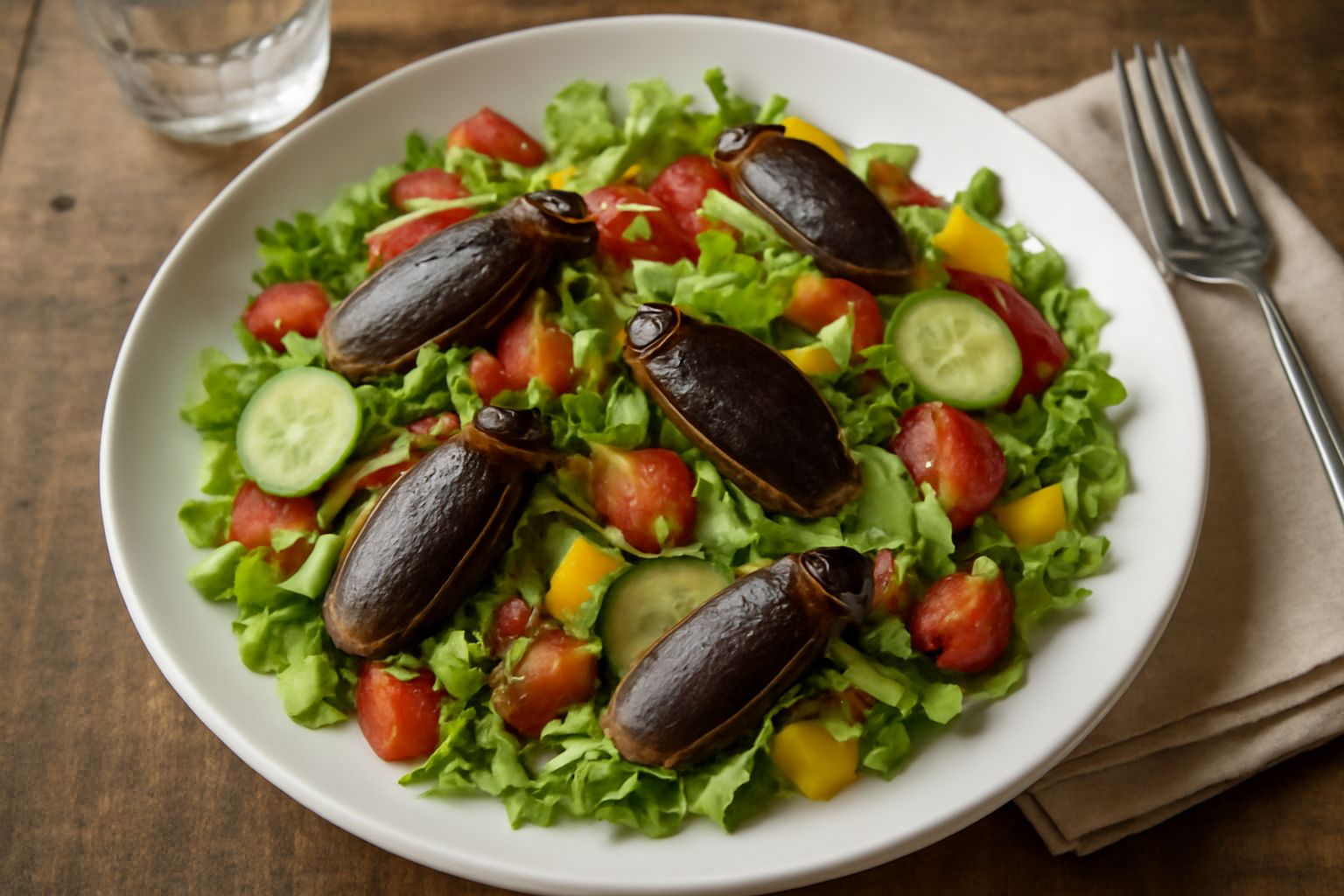 Insalata di scarafaggio in una ciotola bianca con insalata verde croccante, pomodori rossi, cetrioli verdi e peperoni gialli tagliati, condita con olio dorato