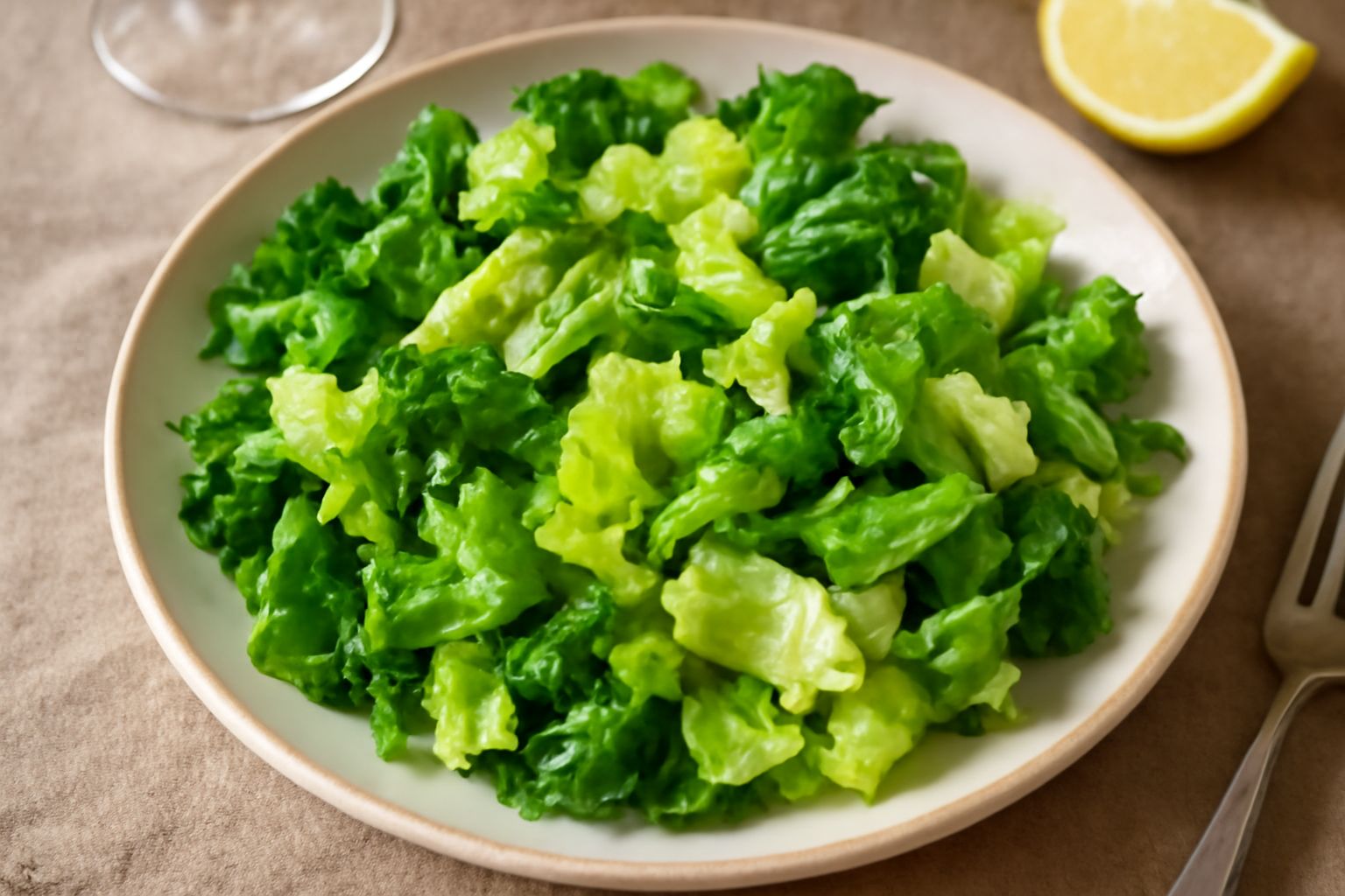 Insalata di scarola fresca in ciotola di ceramica bianca, foglie verdi e bianche croccanti, condita con olio dorato, fettine sottili di limone giallo, con grani di sale marino grosso visibili