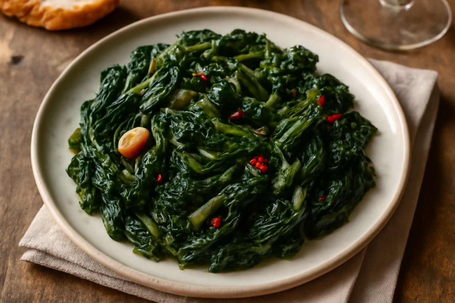 Scarola bollita e ripassata in padella, verde scuro e leggermente dorata, condita con olio e aceto, servita in un piatto bianco con aglio e peperoncino in evidenza