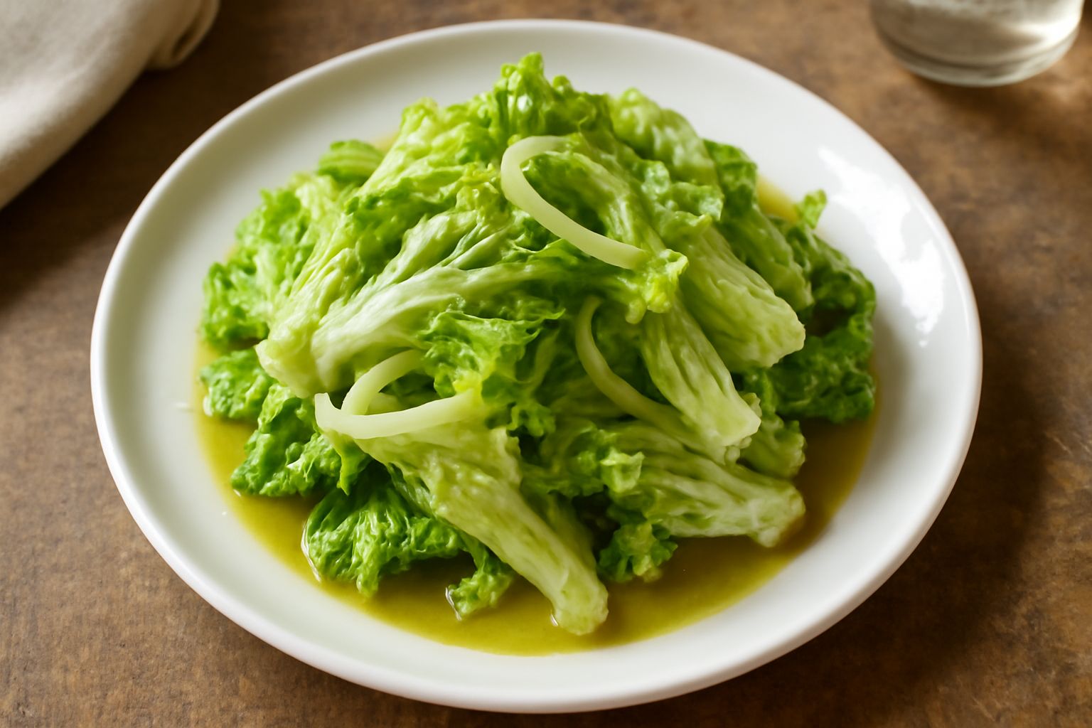 Insalata di scarole servita in ciotola bianca, foglie verdi chiare e croccanti, olio lucido in superficie, fette di limone fresco sul bordo, tovaglia di lino color crema sullo sfondo