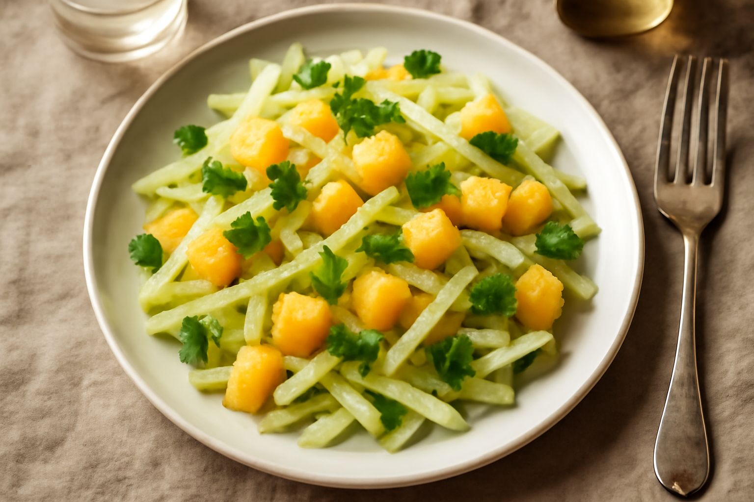 Insalata di scorza di melone tagliata a julienne in una ciotola bianca, con cubetti di melone giallo chiaro, foglie di menta verde, filo di olio d'oliva dorato e limone affettato sul bordo