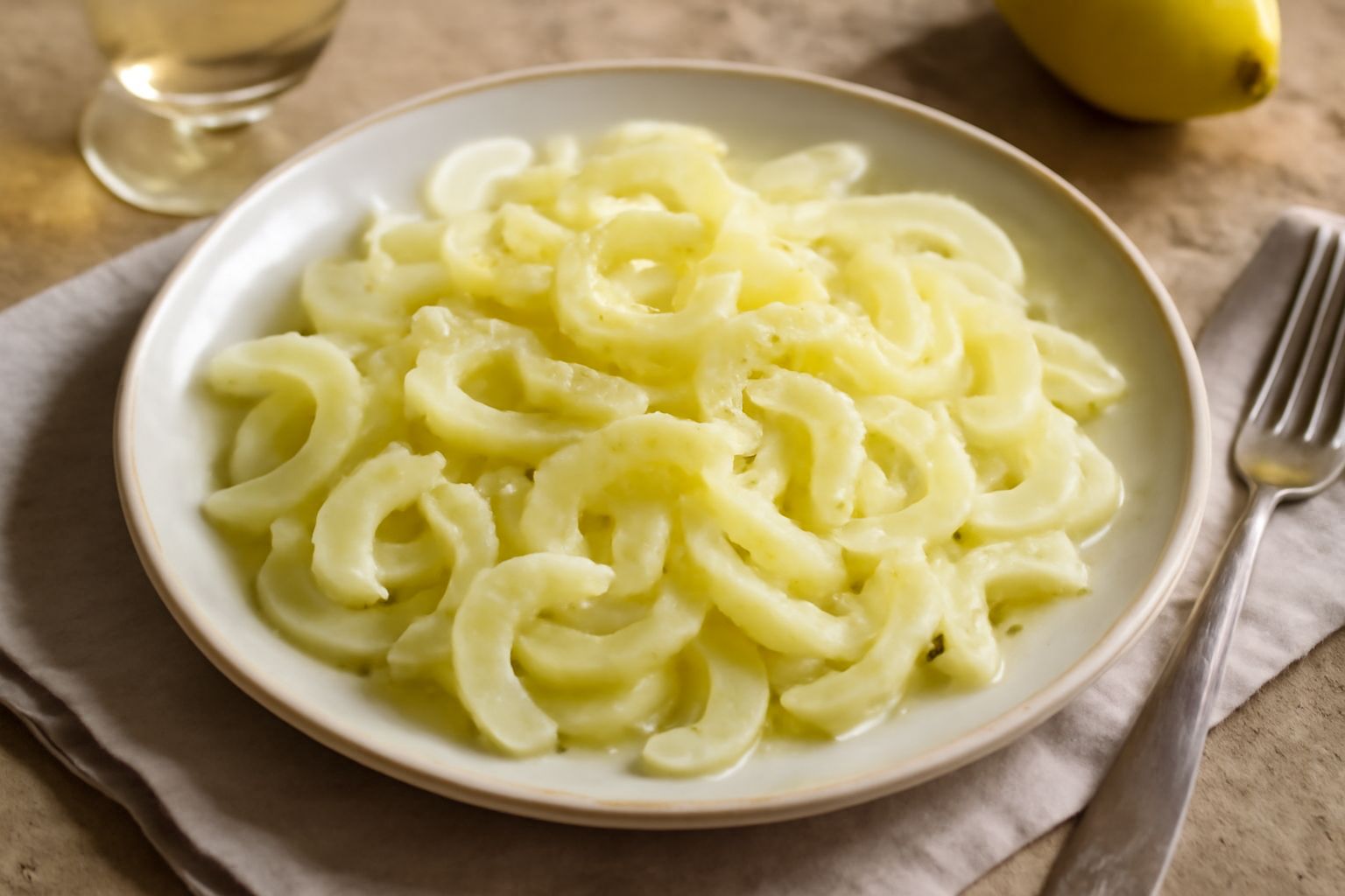 Insalata di sedalo bianco affettato sottile in una ciotola, condita con olio dorato, limone fresco tagliato a spicchi, sale e prezzemolo verde su fondo chiaro