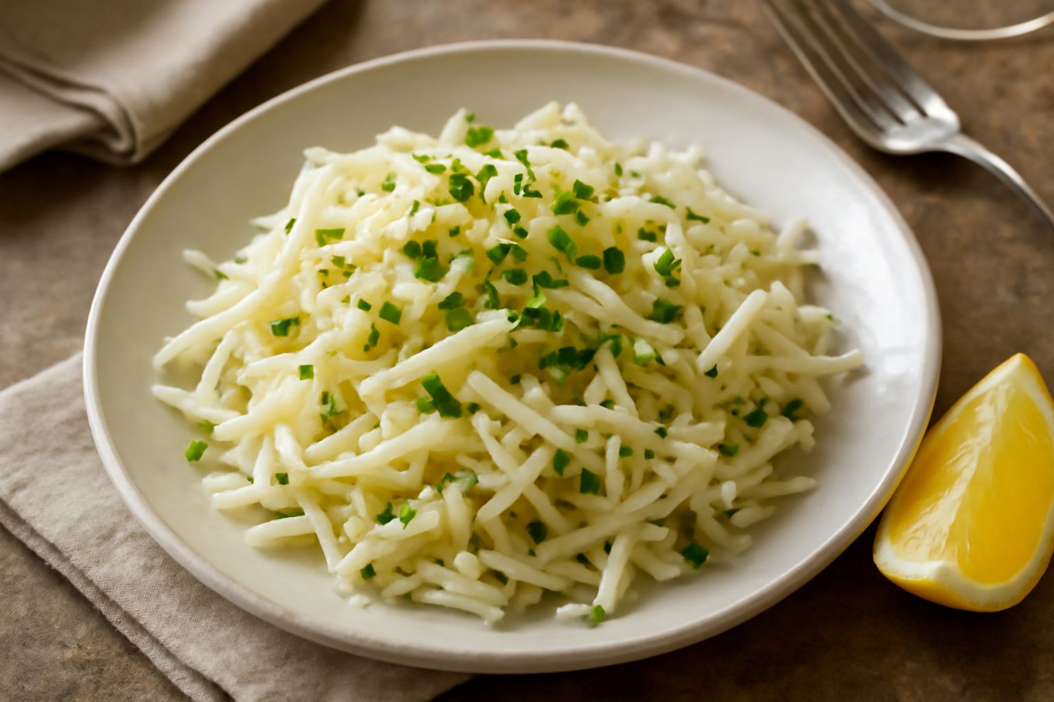 Insalata di sedano rapa servita in piatto bianco, filamenti bianchi croccanti disposti liberi, gocce di olio brillante visibili, foglie di prezzemolo verde su sfondo neutro