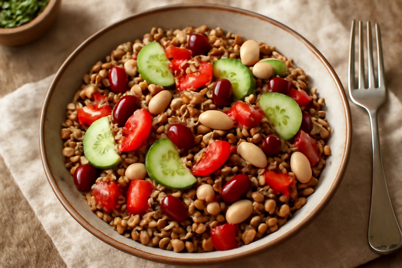 Insalata di segale in una ciotola bianca: chicchi marroni pieni di segale, pomodori rossi tagliati, cetrioli verdi, cipolla bianca, fagioli e olio verde brillante che lucica sulla superficie