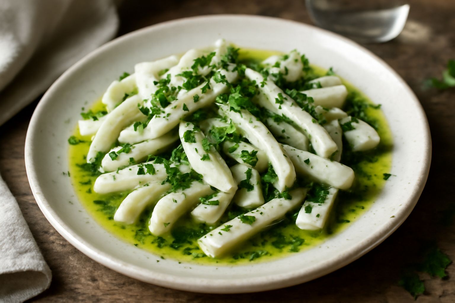 Insalata di seppia in ciotola bianca: pezzi di seppia bianco-grigiastra, verdure verdi di prezzemolo fresco, olio lucido che ricopre, limone tagliato a fette sullo sfondo, tavolo di legno naturale