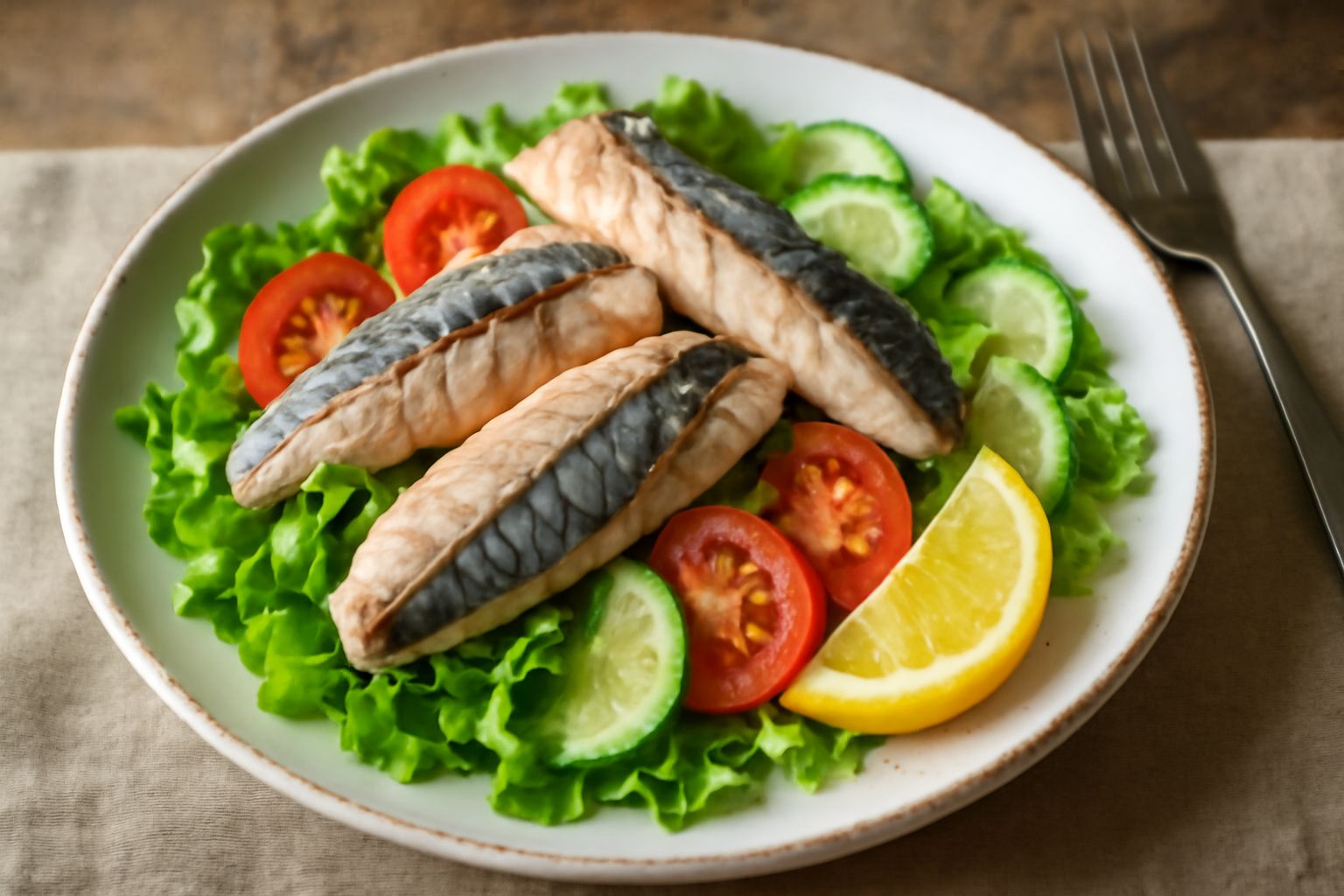 Insalata di sgombro in un piatto bianco, con filetti di pesce rosa e grigio, pomodori rossi a spicchi, cetriolo verde affettato, foglie di lattuga chiara, condita con olio dorato e gocce di limone gia