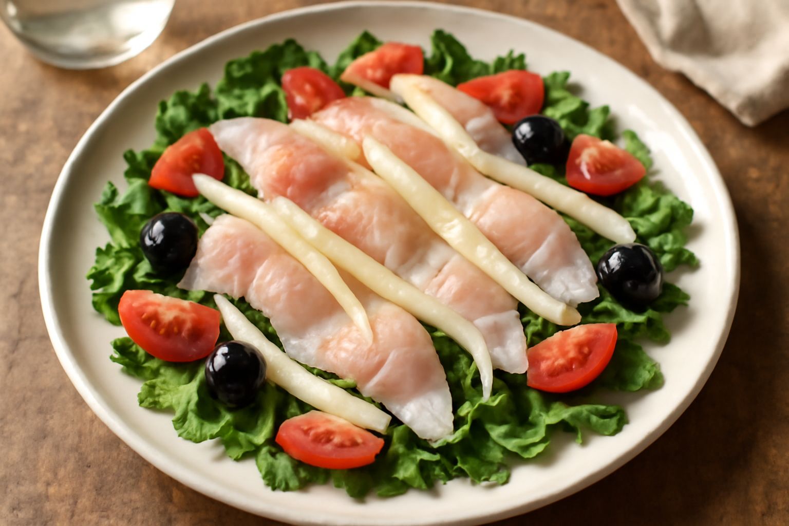 Piatto bianco con fettine trasparenti di sogliola cruda marinata, finocchio bianco affettato finissimo, pomodorini tagliati in spicchi, rucola verde, olive nere e gocce di olio extravergine d'oliva