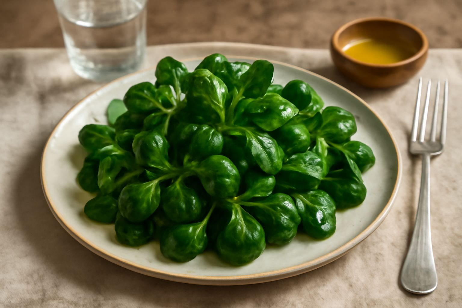 Piatto bianco con insalata di songino verde scuro croccante, condita con olio d'oliva e sale grosso, accompagnata da limone fresco e pinoli dorati sparsi