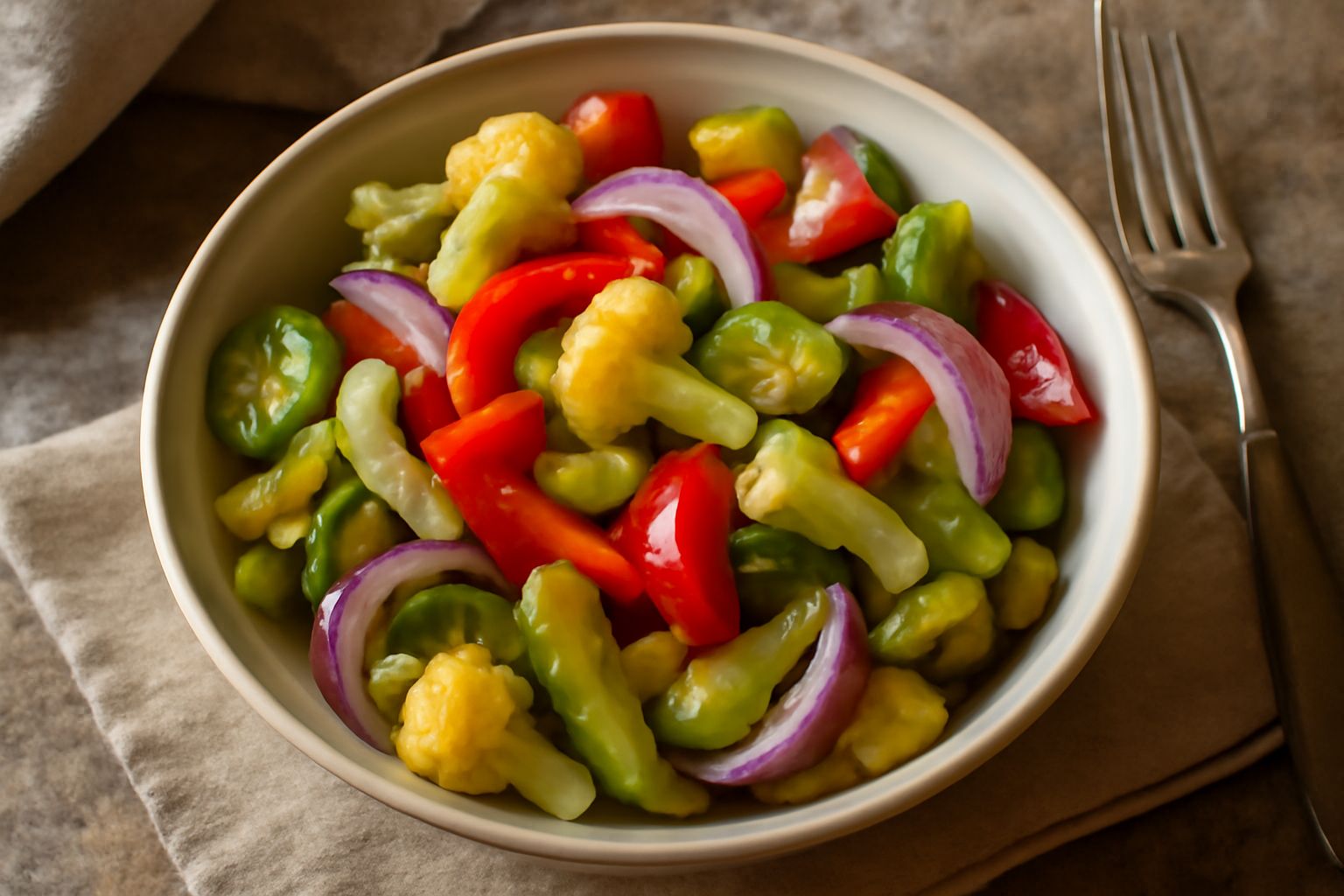 Insalata di sottaceti in una ciotola di ceramica bianca: verdure sott'aceto di diversi colori, cipolla rosa, peperoncino, olio d'oliva dorato, foglie di prezzemolo fresco, servita fredda su tavolo di 