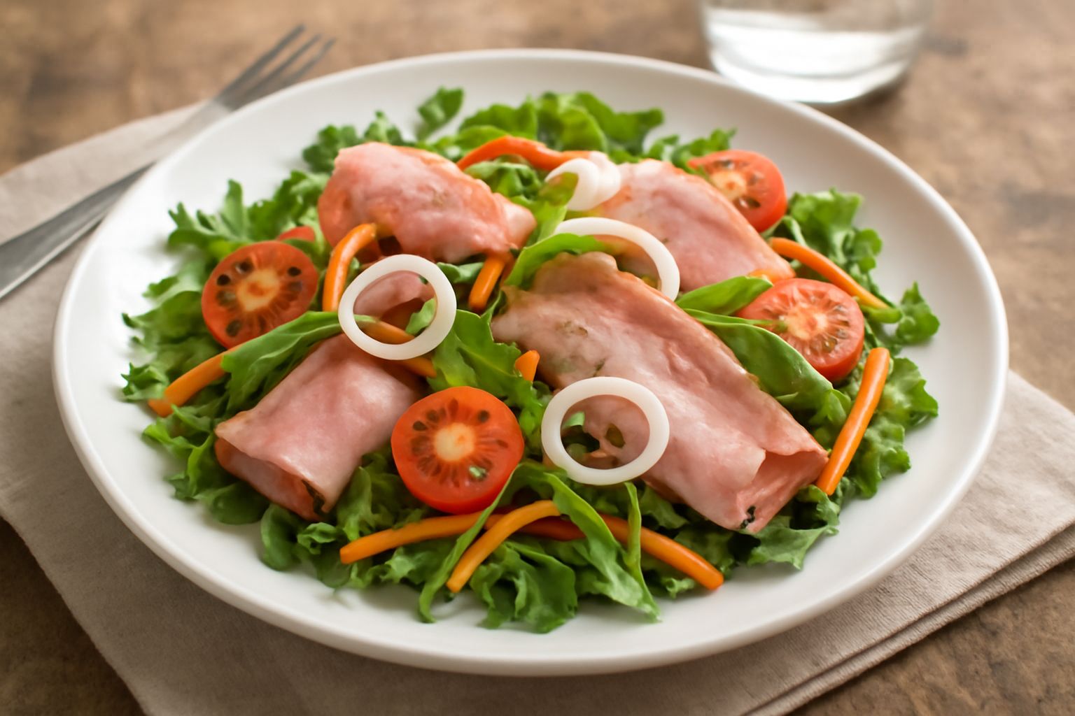 Insalata in piatto bianco con fette di spalla cotta, pomodori rossi, cicoria verde, carote arancioni tagliate a bastoncini e cipolla bianca, condita con olio giallo oro