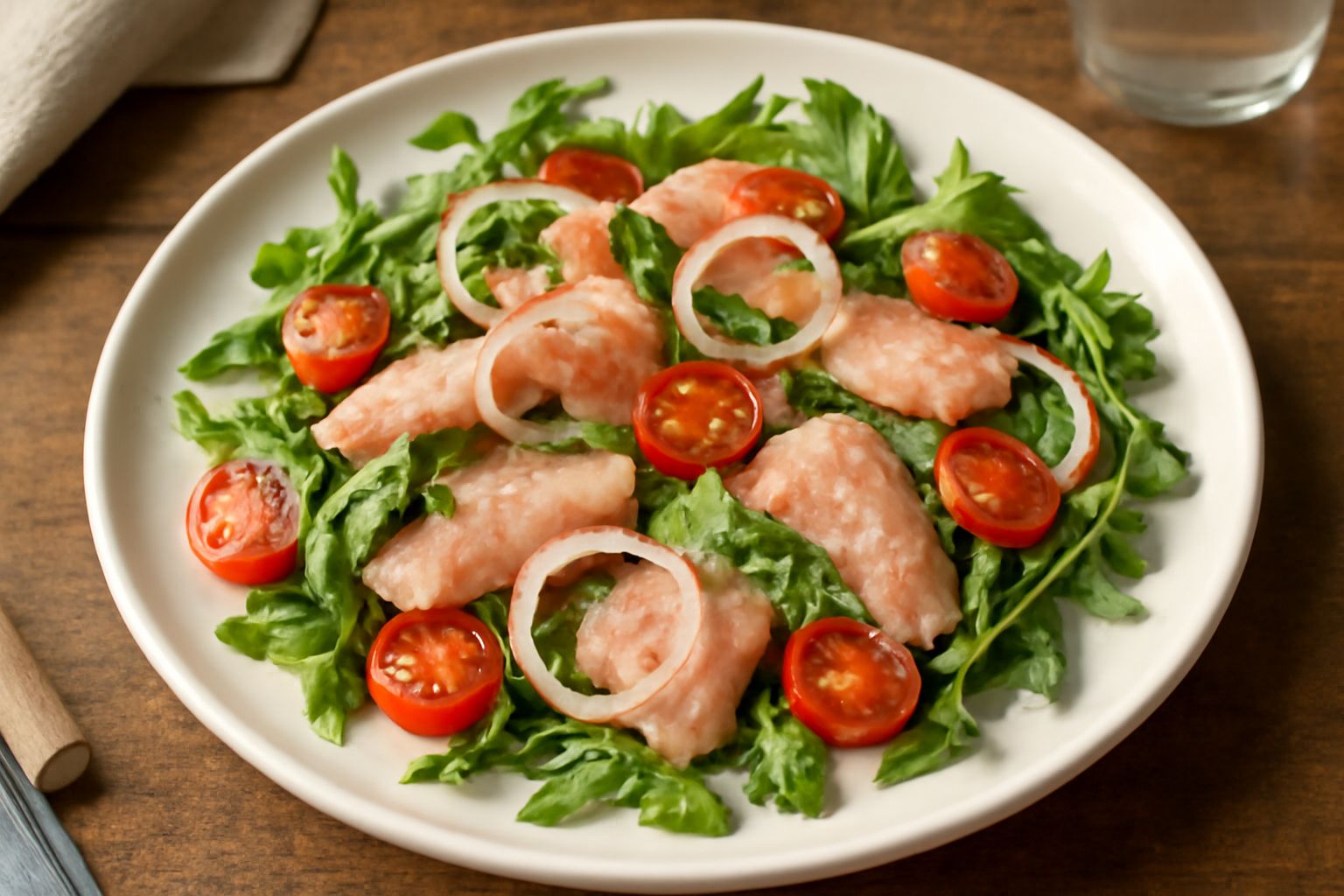 Piatto bianco con filetti di spigola rosa pallido marinati, alternati a rucola verde scuro, pomodorini rossi affettati e sottili fette di cipolla, conditi con gocce di olio d'oliva trasparente e limon