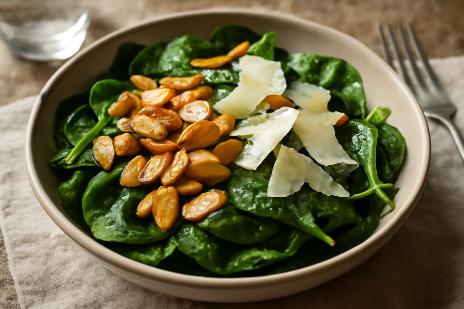 Ciotola di insalata di spinaci freschi verde scuro, mandorle tostate dorate, fette sottili di formaggio parmigiano bianco, con vinaigrette balsamica lucida, servita su tavolo di legno naturale