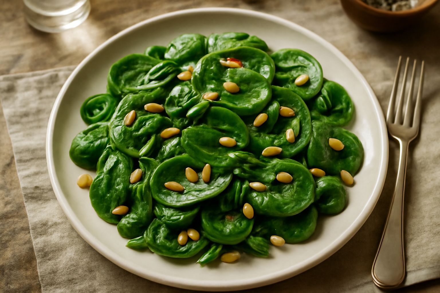 Insalata di spinaci crudi in ciotola bianca, con foglie verde scuro lucide, scaglie di parmigiano, pinoli tostati, accompagnata da un bicchiere di acqua e limone tagliato a fette
