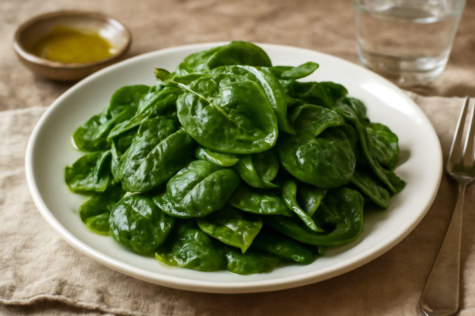 Insalata di spinaci freschi in una ciotola bianca, con foglie verde scuro piegate, condita con olio dorato, limone fresco e pinoli tostati, su un piano di legno chiaro