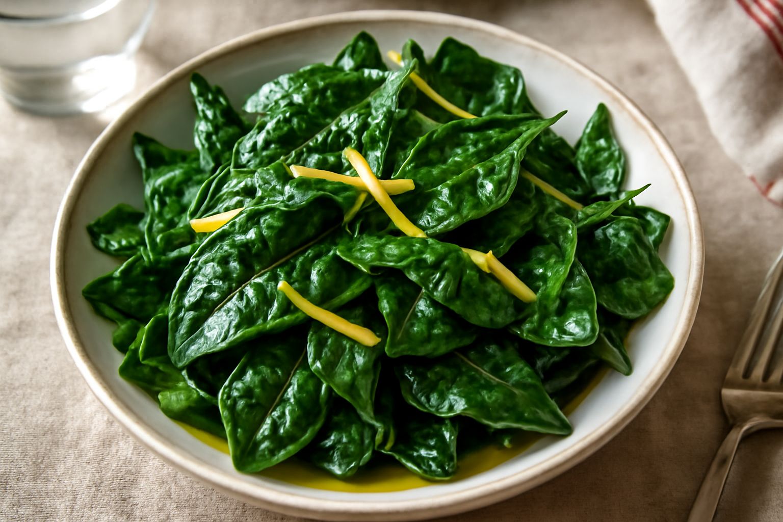 Insalata di spinaci selvatici freschi in una ciotola bianca, foglie verdi scure e croccanti, condita con olio dorato e gocce di limone, su tavolo di legno