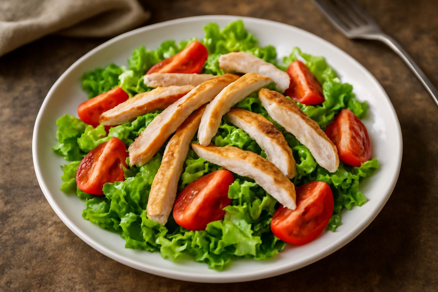 Insalata di tacchino in una ciotola bianca: strisce di tacchino bianche e dorate, lattuga verde croccante, pomodori rossi, cetriolo a fette, cipolla rossa, condimento color ambra in superficie