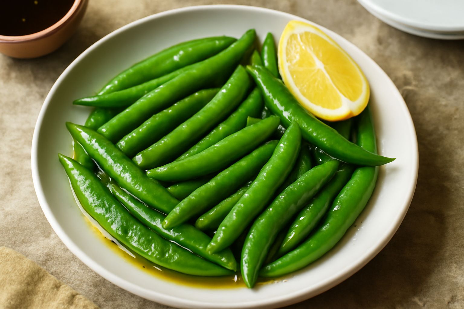 Insalata di taccola su piatto bianco: legumi verdi croccanti intatti, fette sottili di limone giallo, gocce di olio d'oliva, mandorle tostate, foglie di menta fresca sparse, luce naturale da sinistra