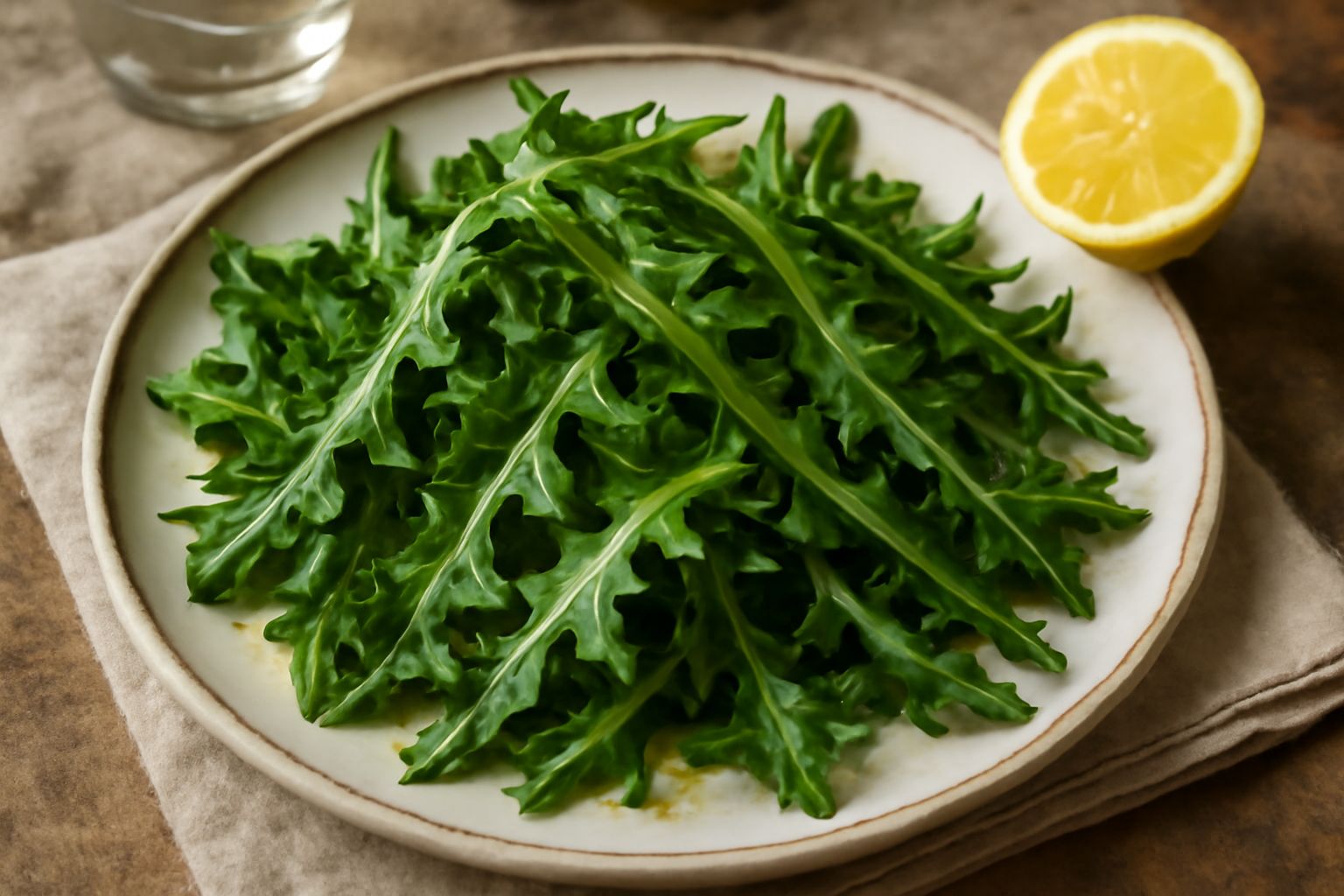 Insalata di tarassaco servita in piatto bianco: foglie verdi frastagliate e croccanti, condite con olio dorato e gocce di limone fresco, con qualche grano di sale grosso visibile