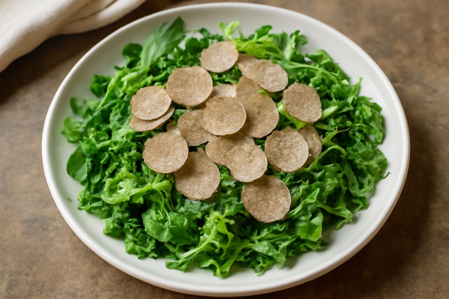 Insalata mista in piatto bianco ampio con rucola, spinaci teneri e scaglie di tartufo bianco visibili in superficie, condimento lucido, foglie verdi disposte in modo naturale, presentazione sobria e e