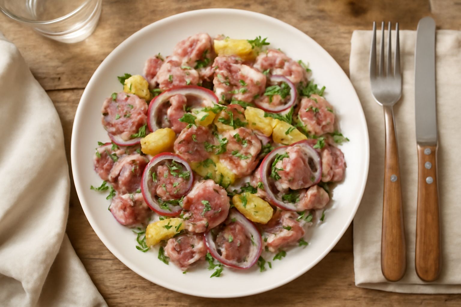 Insalata di testina servita in un piatto bianco, con strisce di carne chiara, cubetti di sedano croccanti, cipolla rossa affettata sottile, prezzemolo verde fresco, condita con olio d'oliva lucido e g