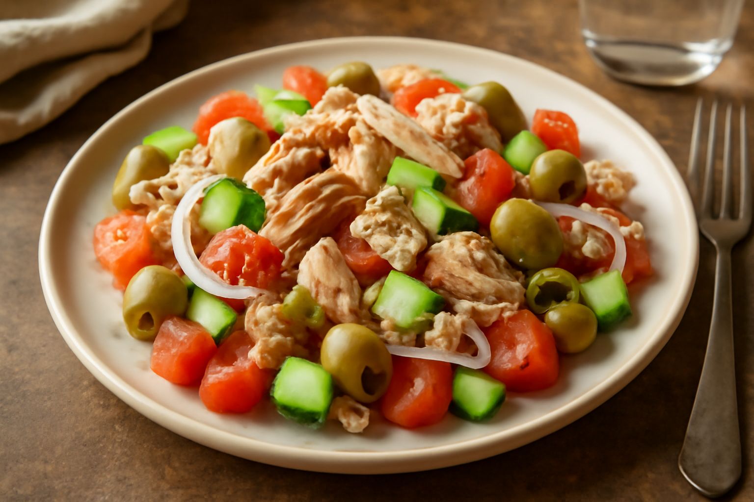 Insalata di tonna in ciotola bianca: scaglie di tonnа bianca e grigia miscelate con pomodori rossi a dadi, cetrioli verdi affettati, cipolla viola, olive nere, il tutto bagnato da olio e limone, con f