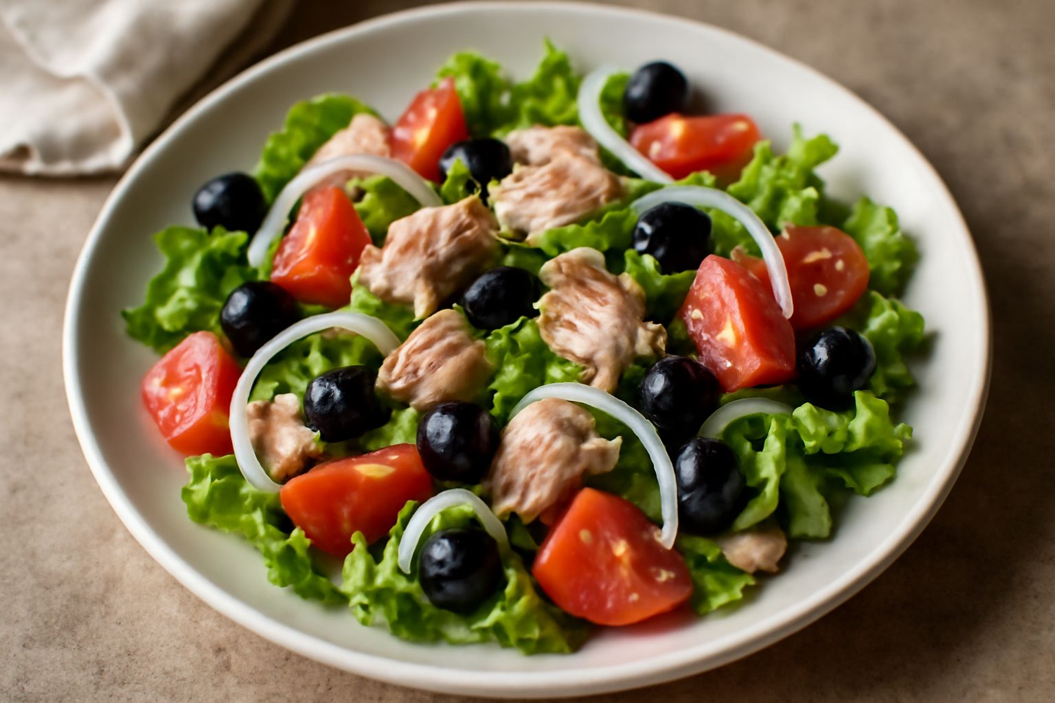 Insalata di tonno servita in un piatto bianco con lattuga verde, pomodori rossi, olive nere, cipolle bianche e fiocchi di tonno grigio, condita con olio dorato e limone fresco