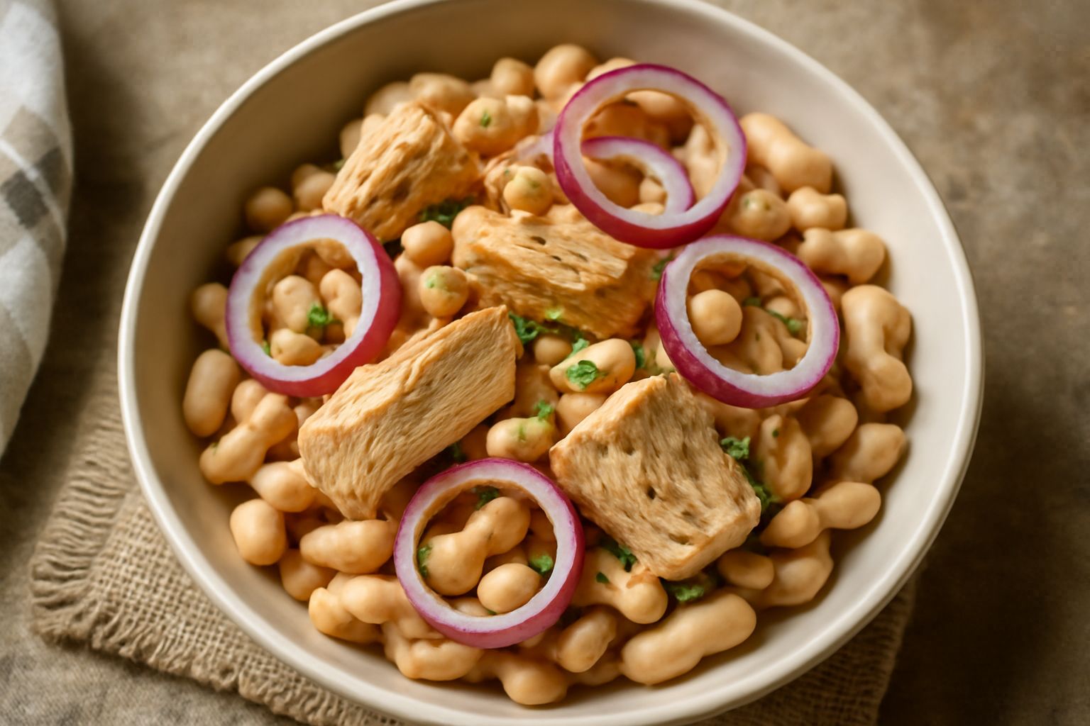 Insalata in una ciotola bianca, con fagioli bianchi cannellini visibili, filetti di tonno giallastro, cipolla rossa sottile, prezzemolo verde, condimento lucido d'olio d'oliva, su tavolo di legno chia