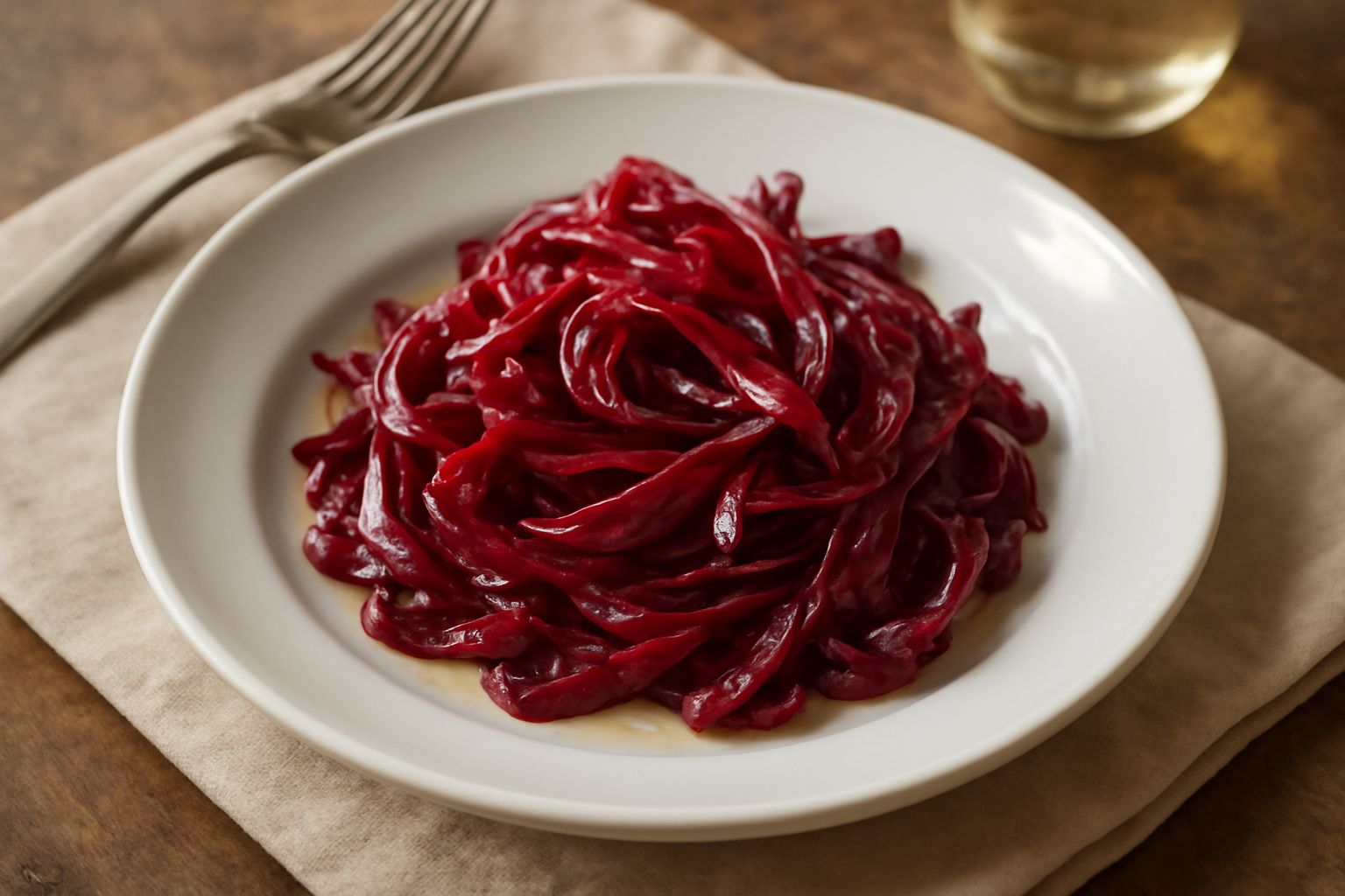 Insalata di trevigiana nel piatto bianco: radicchio rosso scuro tagliato a julienne, lucido di olio dorato, con qualche goccia di limone e granelli di sale marino grosso sparsi in superficie