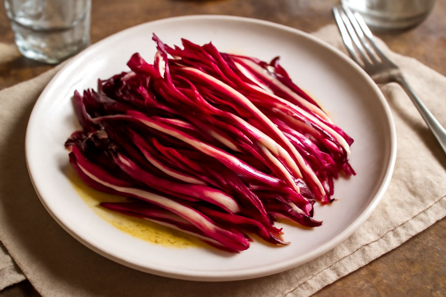 Insalata di Treviso servita in ciotola bianca, radicchio rosso profondamente colorato a strisce sottili, lucido di olio extravergine, gocce d'olio visibili, foglie croccanti, su tavolo bianco
