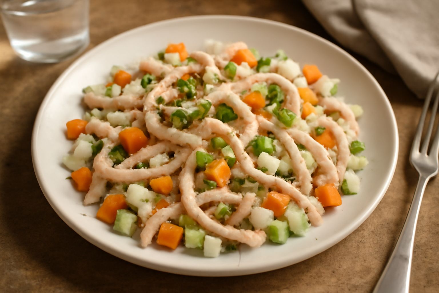 Insalata di trippa fredda in un piatto bianco fondo: strisce di trippa bianca e rosa, carote tagliate a dadini arancioni, sedano, prezzemolo fresco verde, condimento lucido, limone a fette sul bordo