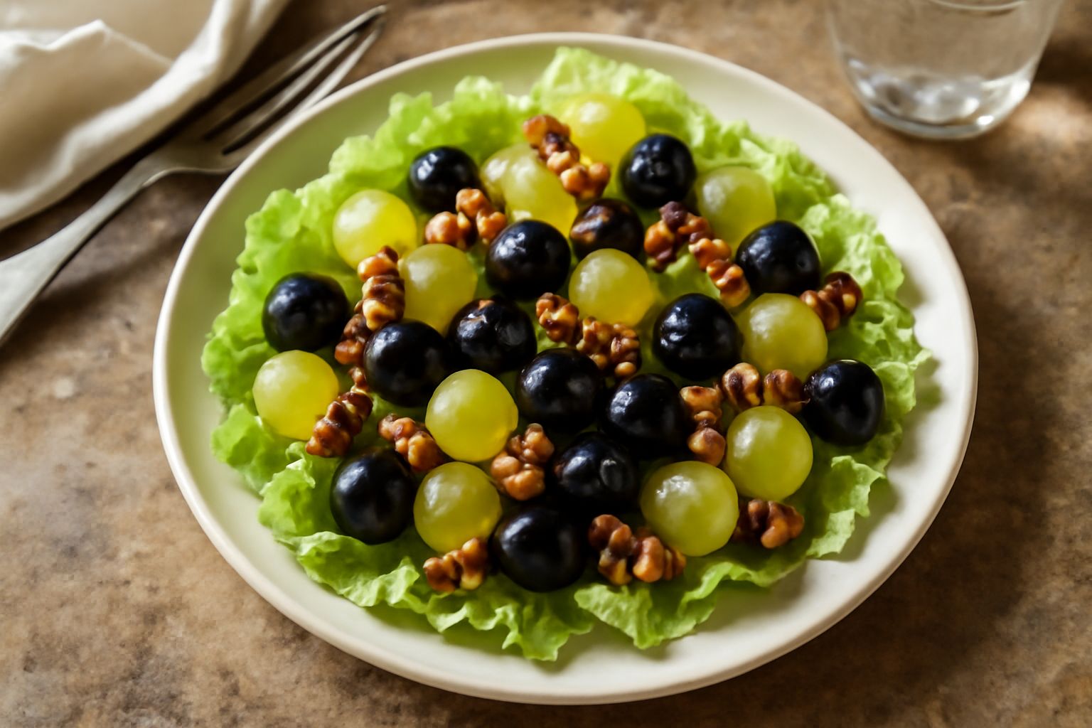 Insalata di uva con acini bianchi e neri interi distribuiti su un letto di lattuga verde chiaro, noci tostate sparse, fondo bianco in una ciotola di vetro