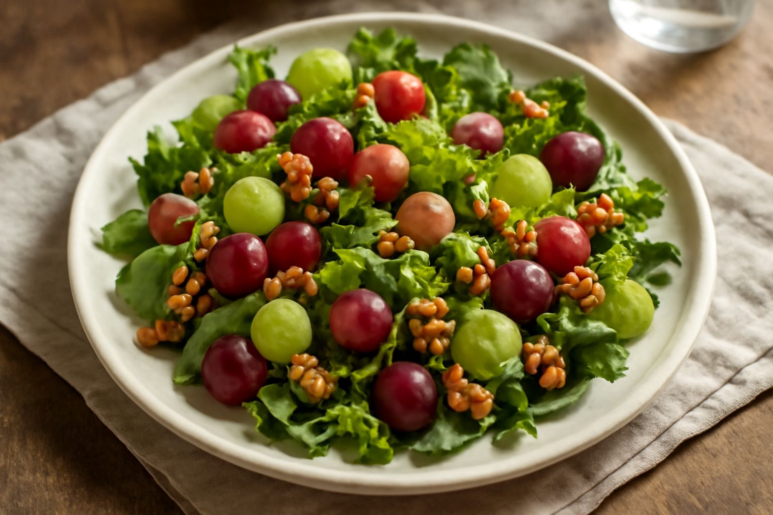 Ciotola di vetro con insalata mista, acini d'uva rossi e bianchi, quarti di noce, foglie di lattuga verde e rucola, condita con olio d'oliva, ripresa dall'alto su fondo bianco