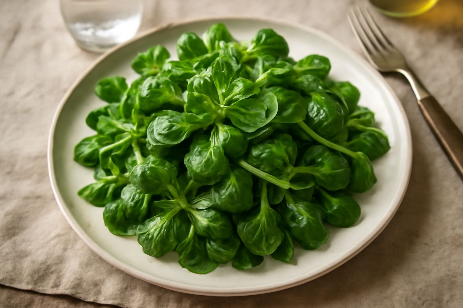Insalata di valeriana servita in un piatto bianco: foglie verde scuro arricciate, lucide di condimento, con gocce di olio e spicchi di limone fresco ai lati
