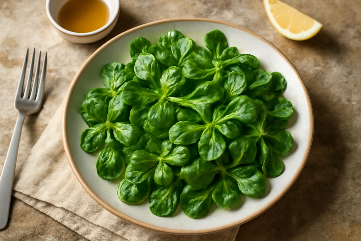 Insalata di valerianella in una ciotola bianca, foglie verdi tenere e croccanti, condita con olio e limone, un filo di olio d'oliva giallo visibile, pane tostato ai lati