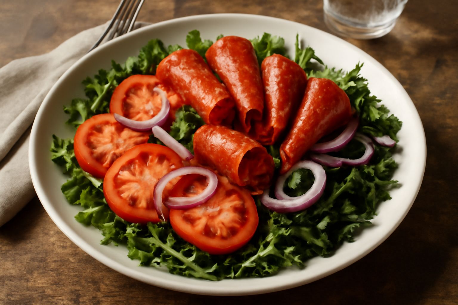 Insalata in una ciotola bianca con strisce sottili di ventricina affumicata, foglie di rucola verde, pomodori rossi tagliati, cipolla bianca cruda e vinaigrette gialla, servita con pane tostato a lato