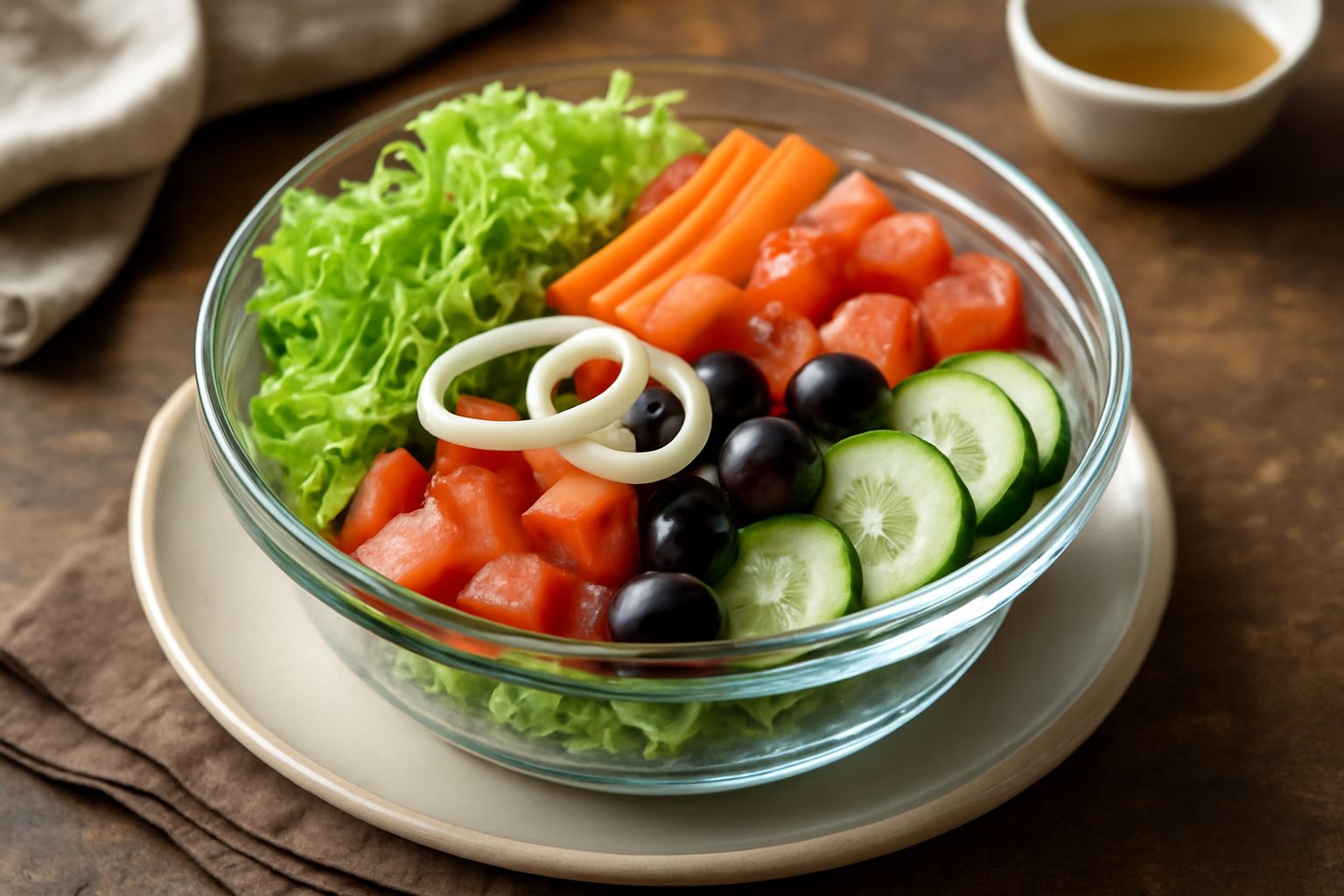 Insalata di verdure fresche in un contenitore di vetro trasparente: lattuga verde, carote arancioni tagliate a bastoncini, pomodori rossi, cetrioli, olive scure e cipolla bianca, condimento leggero in