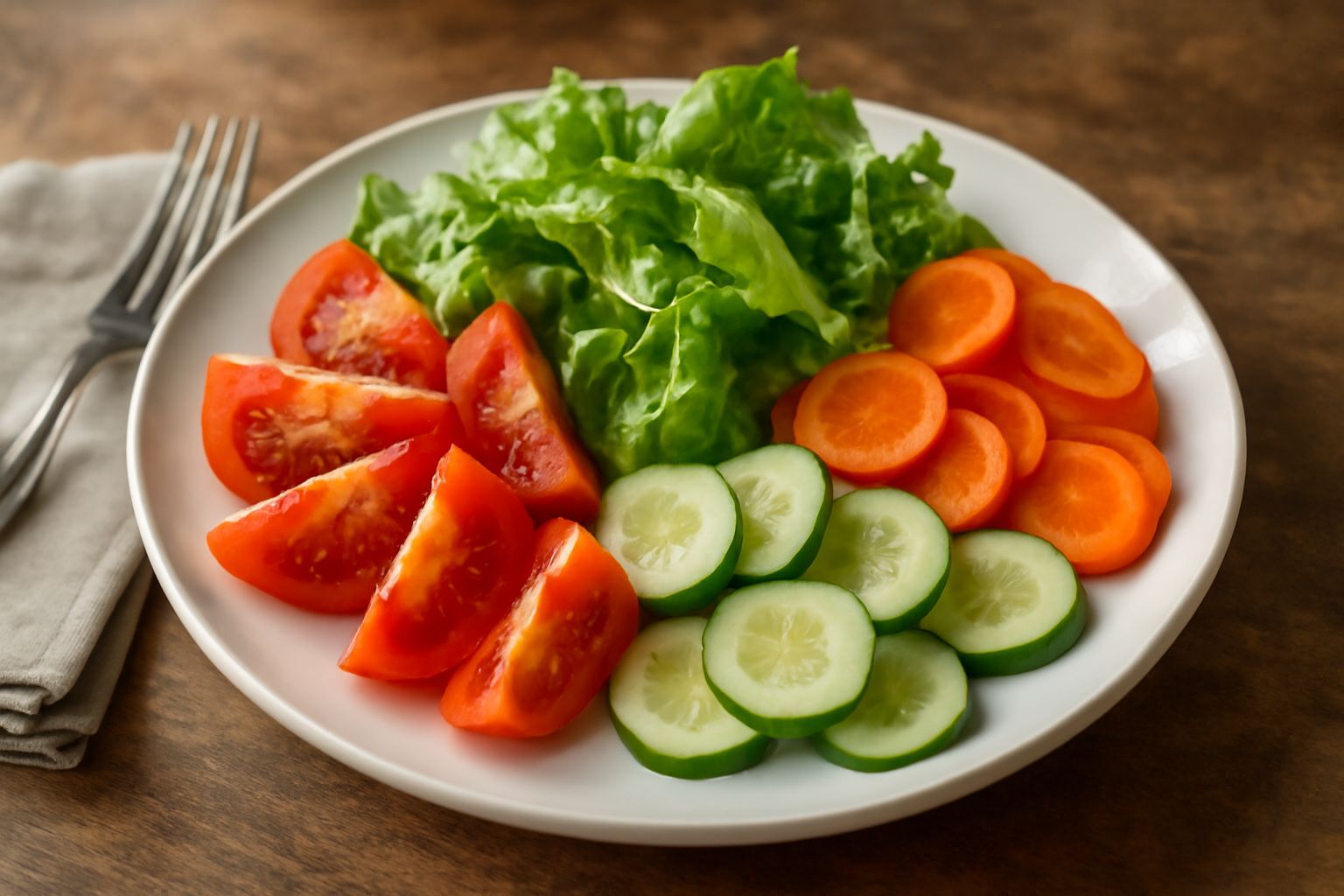 Insalata colorata servita in piatto bianco: pomodori rossi tagliati a fette, cetrioli verdi, carote arancioni a julienne, lattuga verde tenera e cipolla bianca, conditi con olio