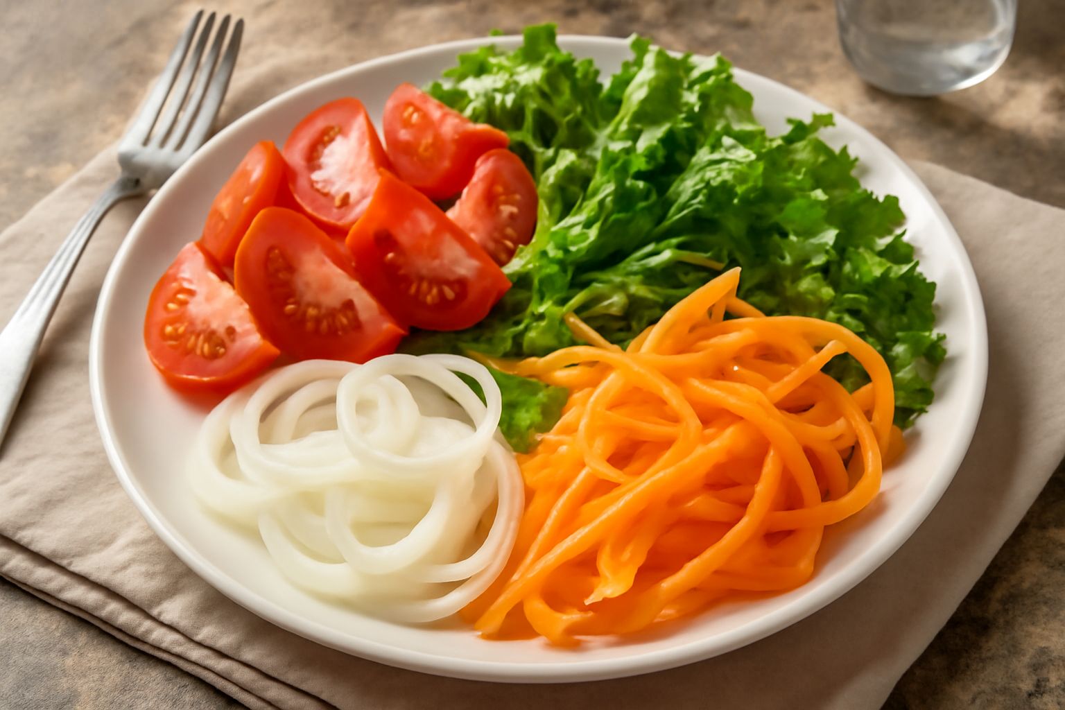 Insalata mista in ciotola di ceramica bianca con pomodori rossi, cetrioli verdi, carote arancioni affettate sottili, foglie di lattuga croccanti, cipolle rosse tagliate finemente, olive nere e olio d'