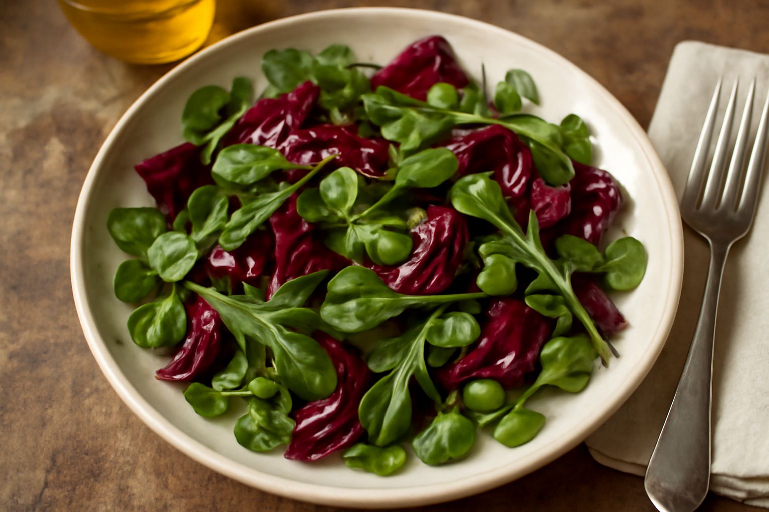 Insalata di verdure di campo in ciotola bianca: foglie verdi e rosso-violacee di rucola, cicoria, valeriana e portulaca, irrorata di olio d'oliva dorato, con gocce di limone visibili sulle foglie