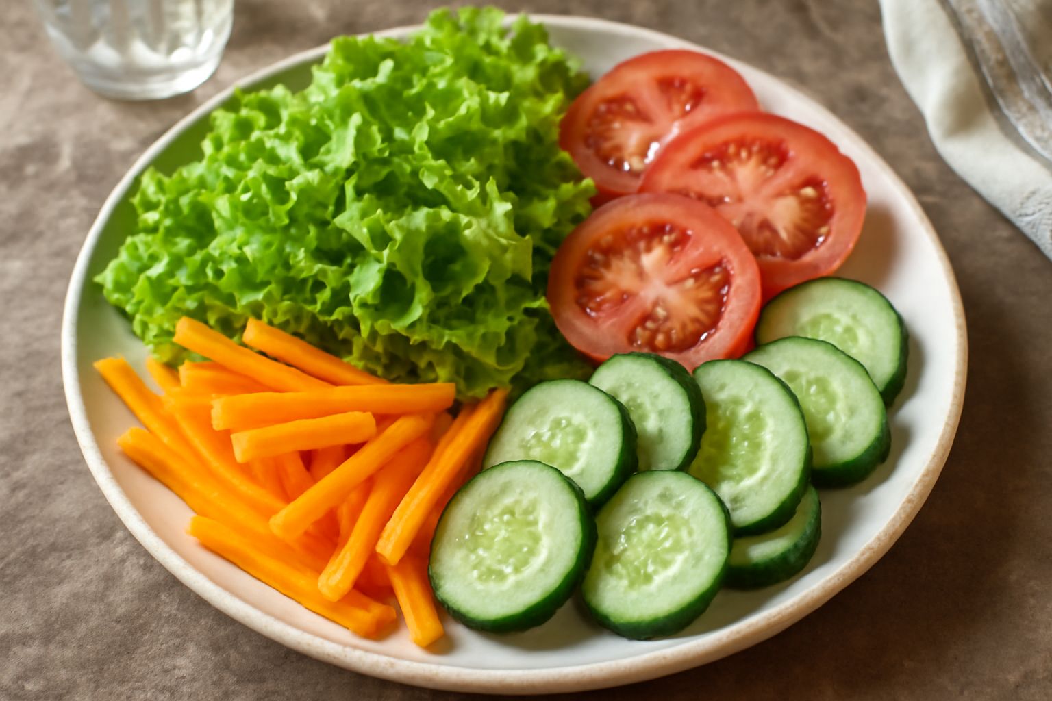 Insalata mista servita in un piatto bianco poco profondo: lattuga verde riccia, pomodori rossi tagliati a fette, cetriolo verde brillante affettato, carote arancioni tagliate a bastoncini sottili, con
