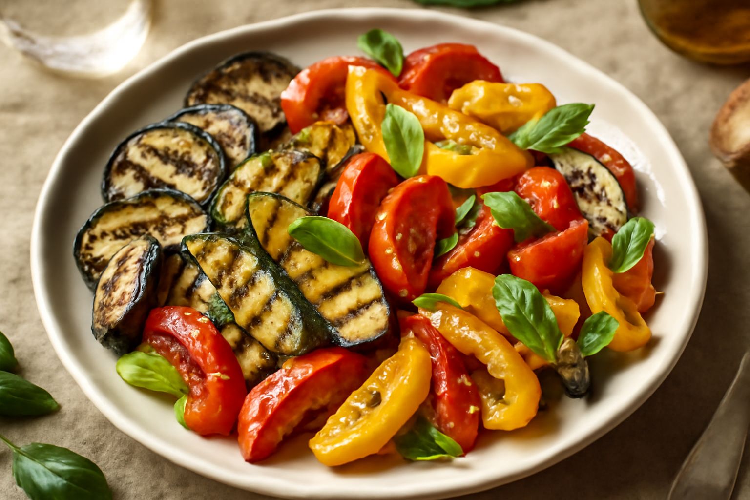 Insalata di verdure grigliate servita in piatto bianco: strisce di melanzane nere, zucchine gialle e verdi, peperoni rossi e gialli, pomodori, condite con olio verde oliva e basilico fresco, con gocce