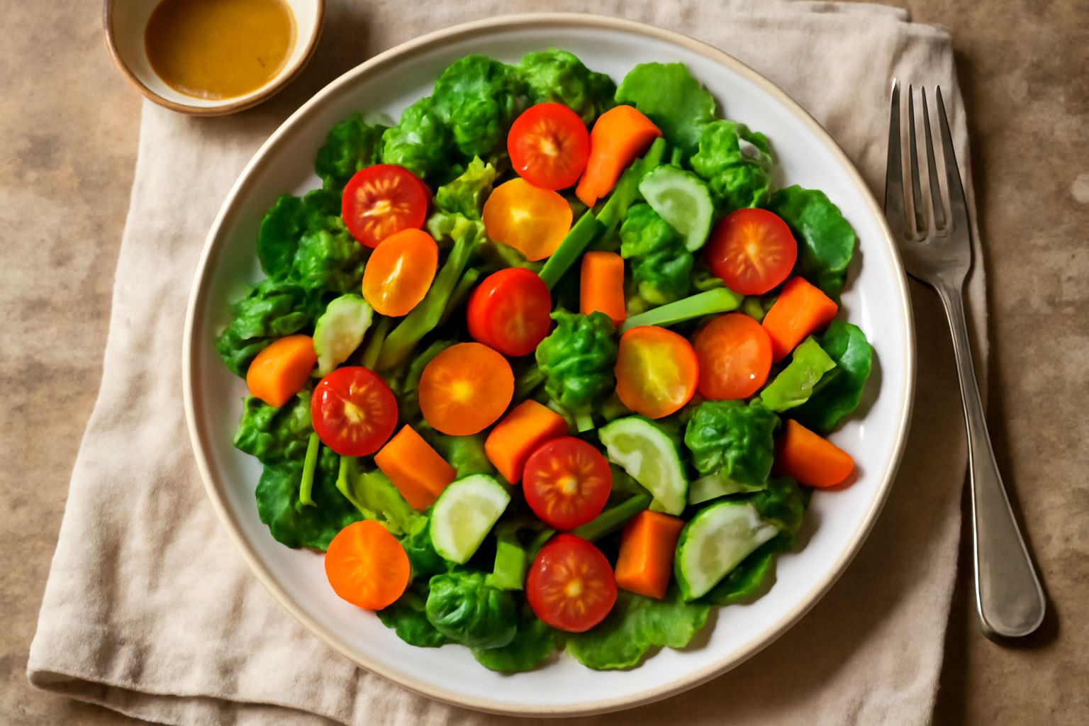 Insalata in ciotola bianca con rucola verde scuro, pomodori rossi, cetrioli affettati, carote arancioni, cipolla dolce e foglie di basilico fresco, condita con olio dorato in evidenza