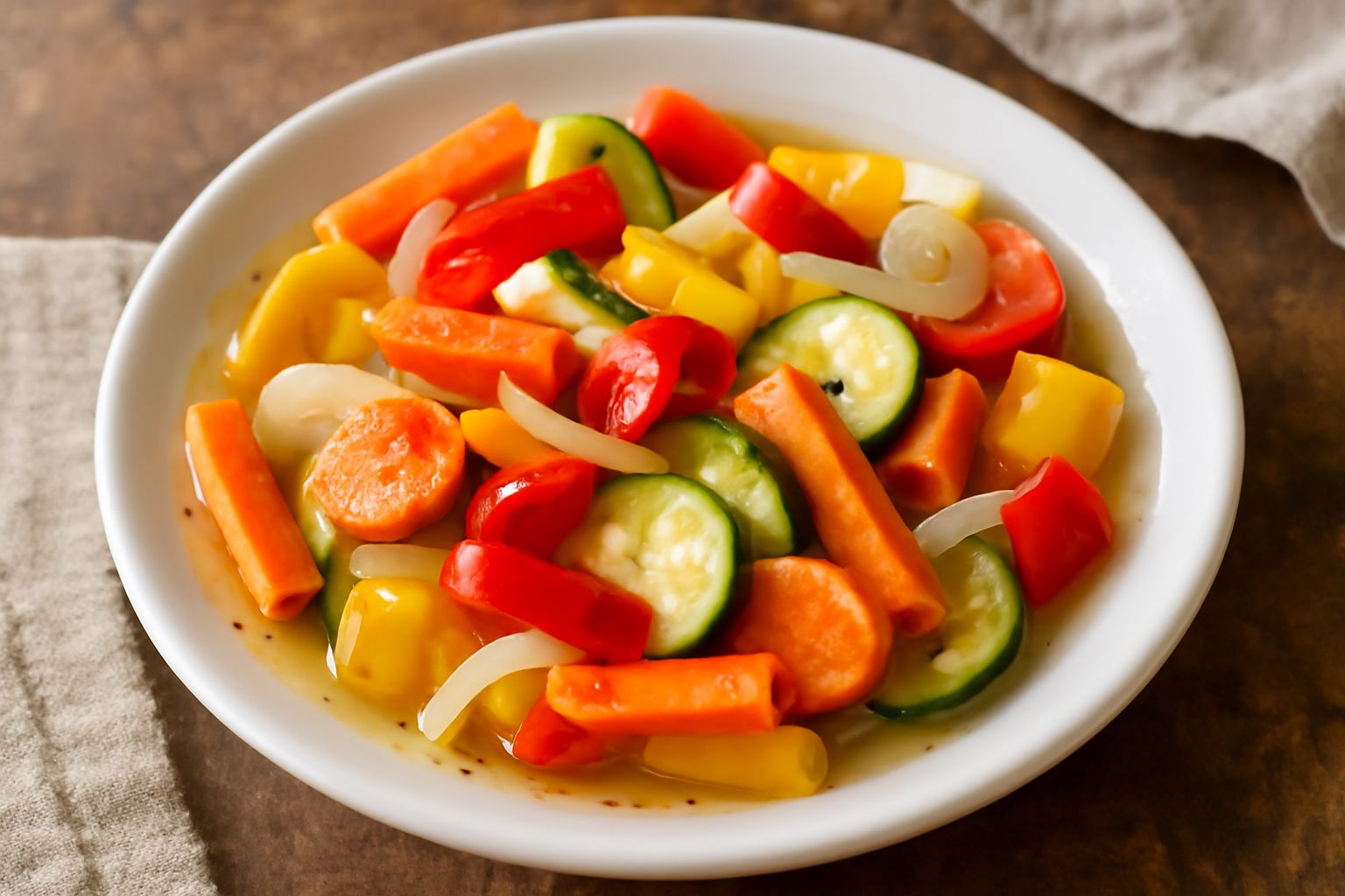Insalata di verdure miste sott'aceto in un barattolo di vetro trasparente: verdure tagliate a bastoncini e rondelle, verdure di colore verde, rosso e giallo, liquido trasparente con aceto e spezie, ne