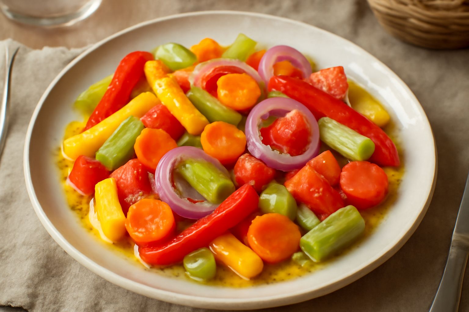 Insalata di verdure miste sott'olio in ciotola bianca: peperoni rossi e gialli tagliati a striscioline, carote affettate sottili, cipolla violetta, sedano verde, pomodori, olive nere, il tutto immerso