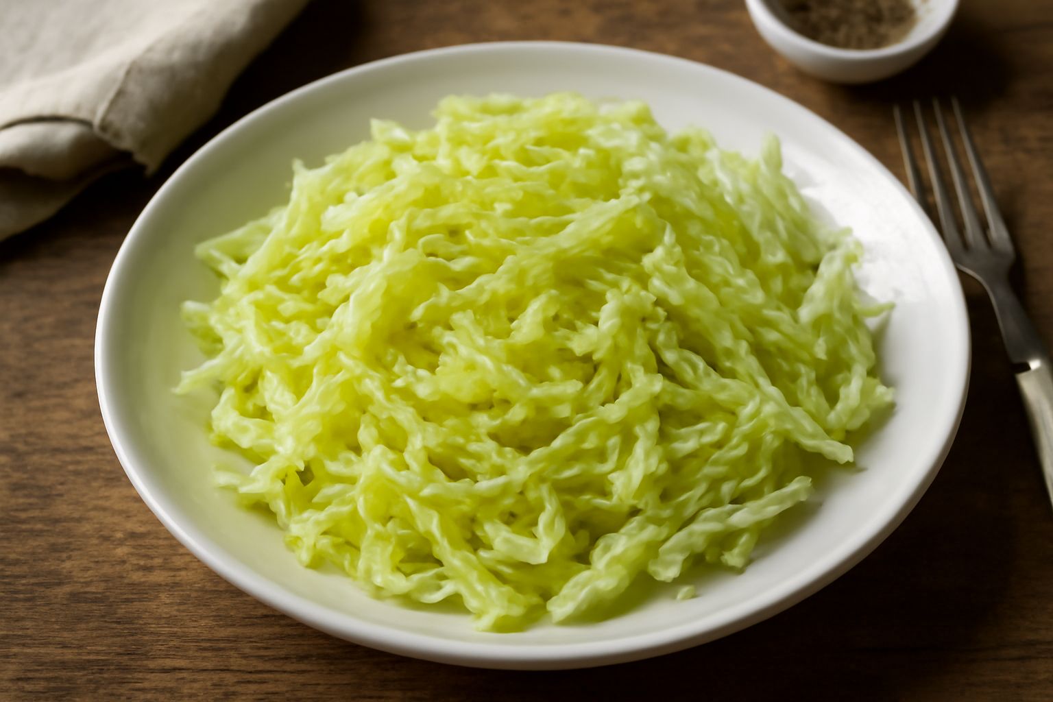 Insalata di verza croccante servita in una ciotola di ceramica bianca. Il cavolo è tagliato in strisce sottili e uniformi, di colore verde chiaro e bianco crema, condito con olio che crea una leggera 
