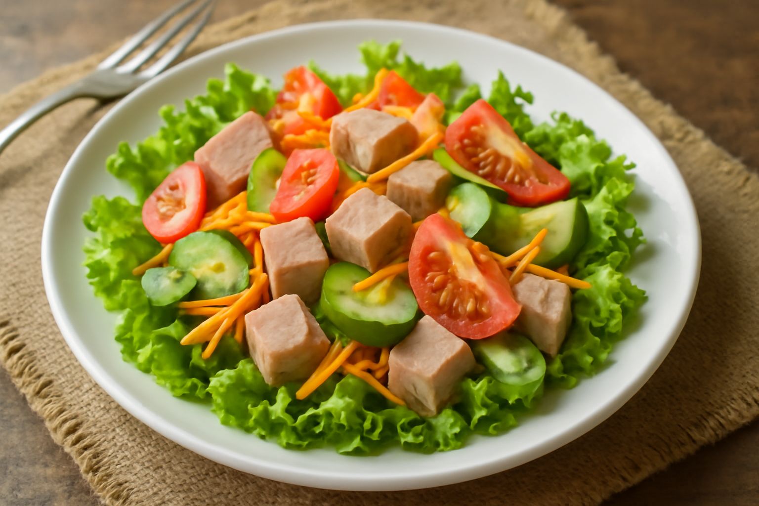 Insalata di vitello servita in piatto bianco: cubetti di carne rosa pallido, pomodori rossi tagliati, cetrioli verdi, carote arancioni ragliate, foglie di lattuga e una vinaigrette trasparente che luc