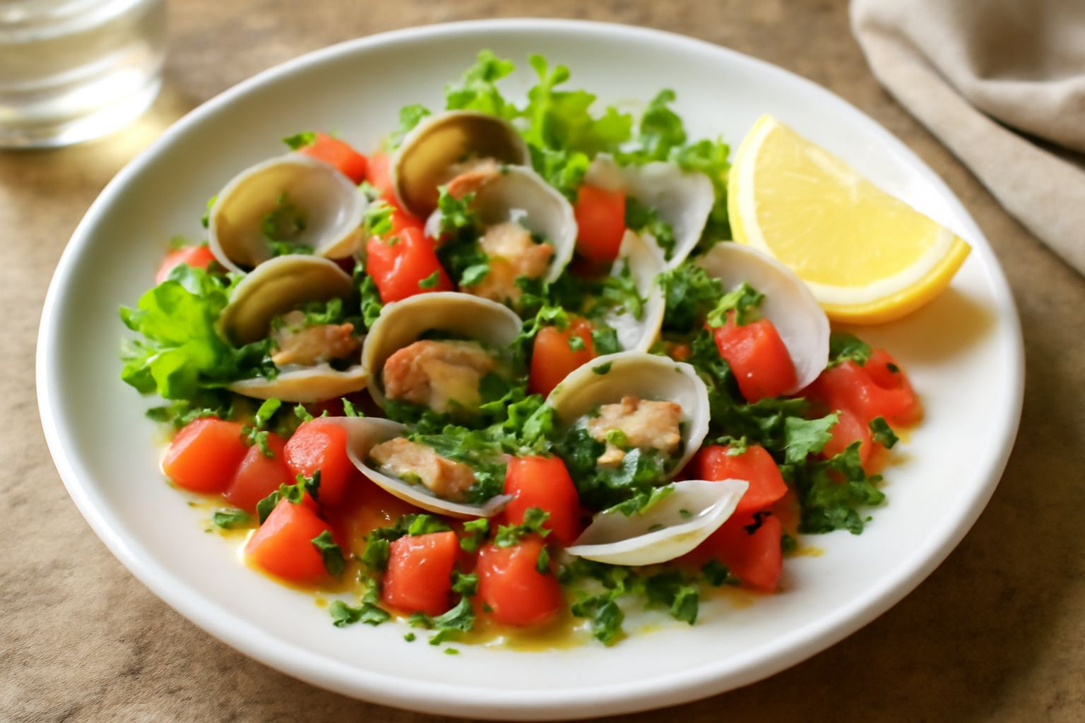 Insalata di vongole servita in un piatto bianco: vongole aperte color avorio e rosa, dadi di pomodoro rosso vivo, prezzemolo verde, filo di olio dorato e fettine di limone giallo limone, su letto di i