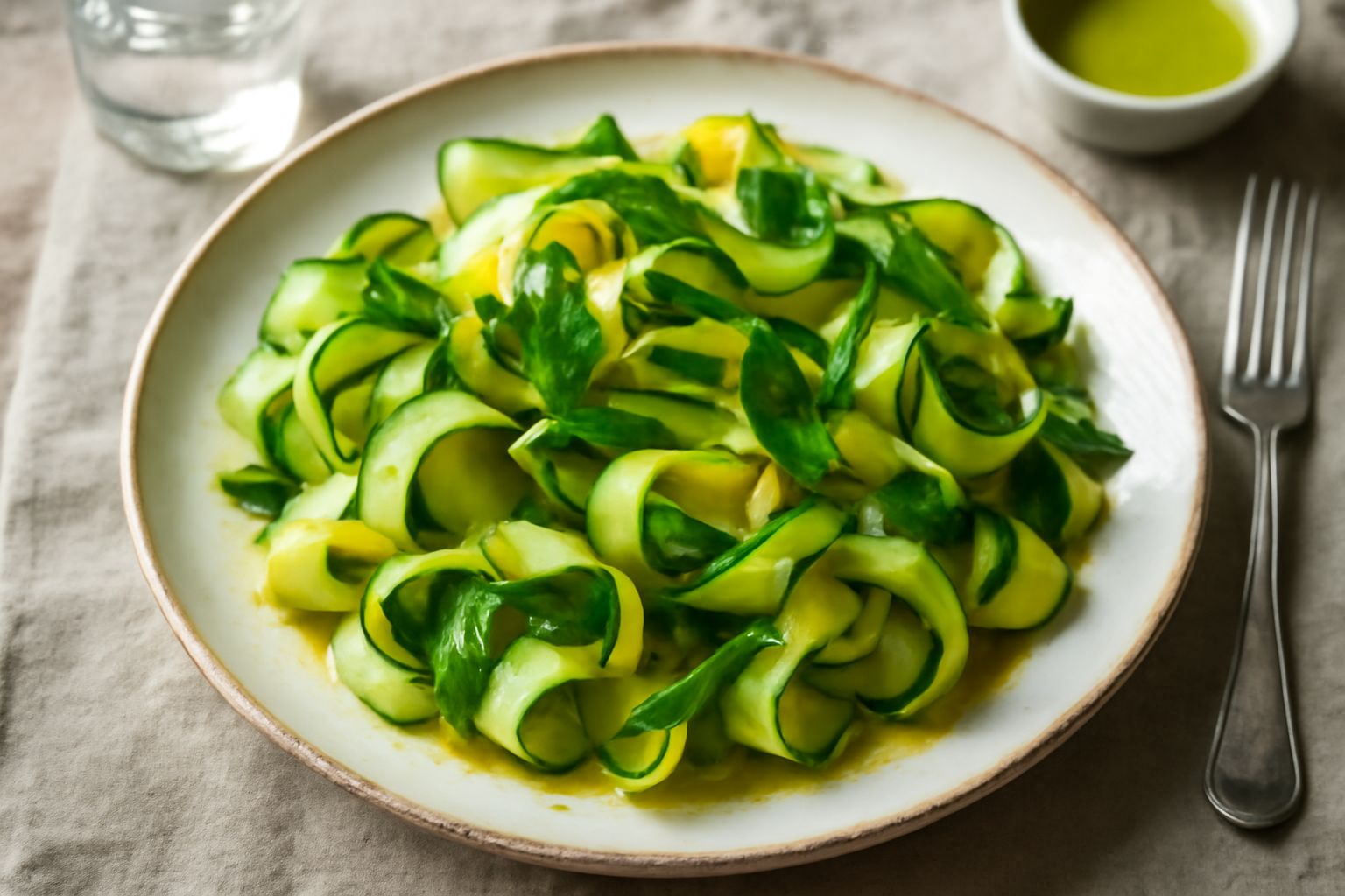 Insalata di zucchine verdi e gialle tagliate sottili nel piatto bianco, condita con olio dorato, limone e basilico fresco, guarnita con scaglie di parmigiano