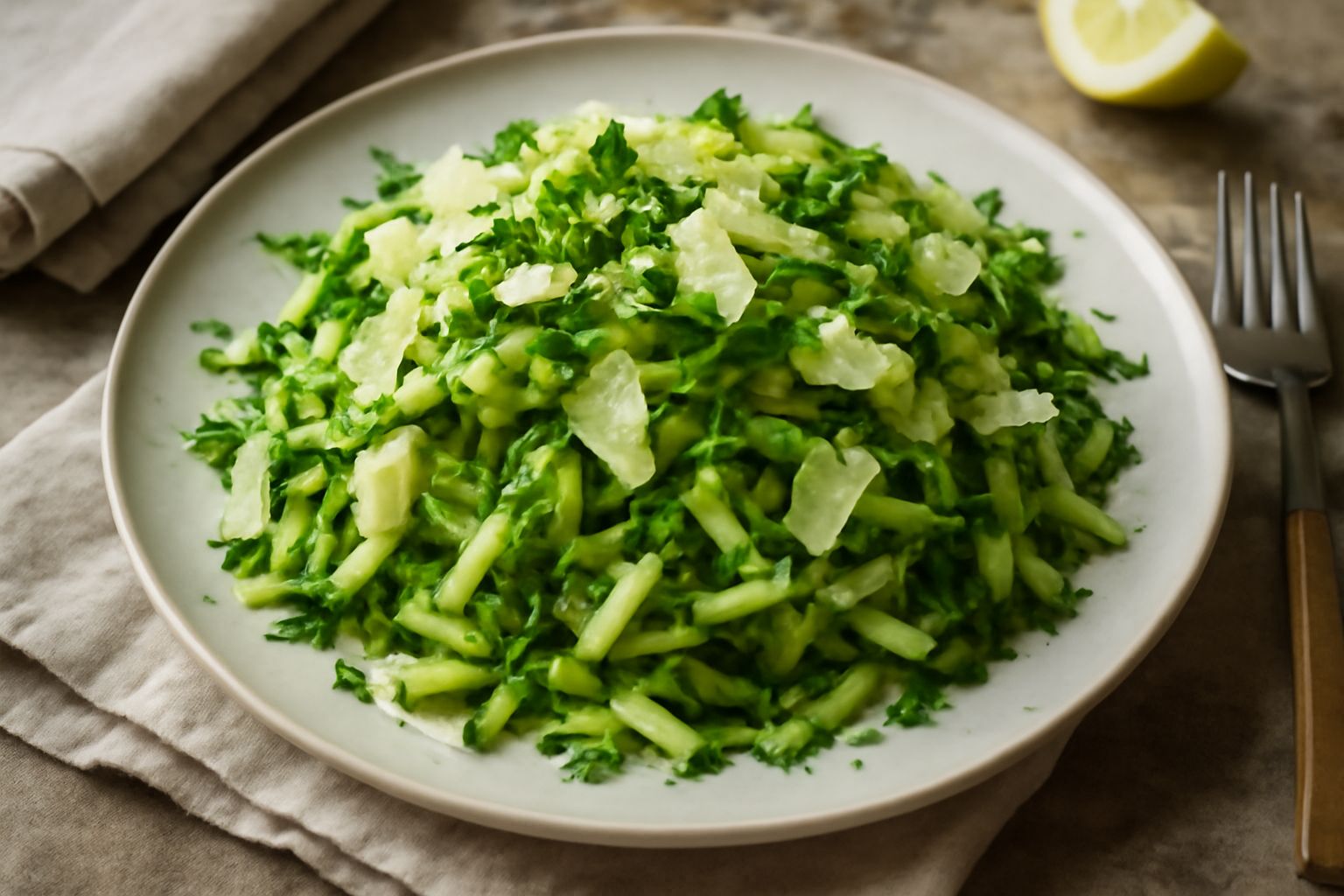 Insalata di zucchine tagliate sottili a julienne color verde chiaro, condite con olio extravergine dorato, fettine sottili di parmigiano bianco, scaglie di limone giallo e prezzemolo fresco verde, ser