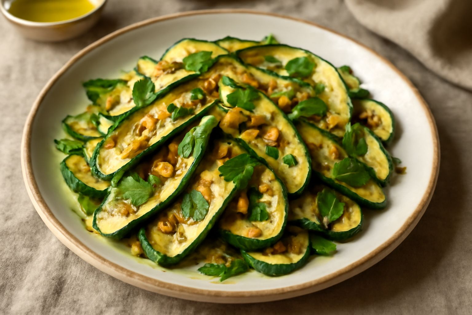 Insalata di zucchine grigliate a fette sottili, dorate e lievemente caramellate, condite con foglie fresche di menta verde, aglio tagliato a lamelle, in un piatto bianco con olio d'oliva che brilla in